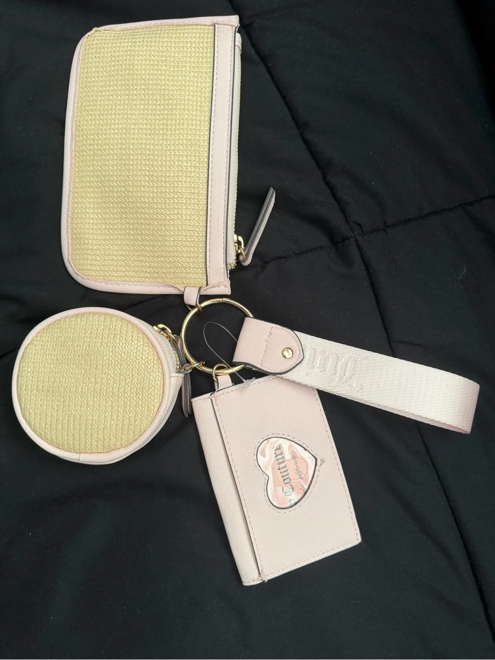 Juicy Couture Pale Pink & Straw Textured Keyring Wallet Set